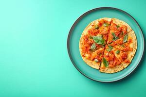 Top View Of Kimchi Quesadilla On Vibrant Background With Copy Space, Cuisine Photography photo