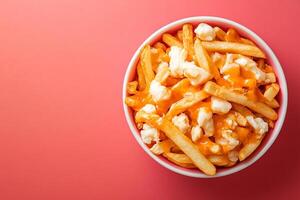 Top View Of International Comfort Food Poutine On Vibrant Background With Copy Space, Cuisine Photography photo