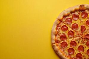 Top View Of Large Pepperoni Pizza On Vibrant Background With Copy Space, Cuisine Photography photo