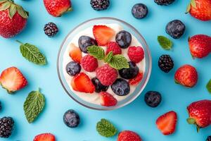 Top View Of Layered Berry Parfait On Vibrant Background With Copy Space, Cuisine Photography photo