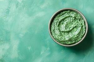 Top View Of Large Spinach Dip On Vibrant Background With Copy Space, Cuisine Photography photo