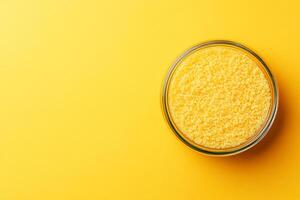 Top View Of Mac And Cheese With Truffle Oil And Breadcrumbs On Vibrant Background With Copy Space, Cuisine Photography photo