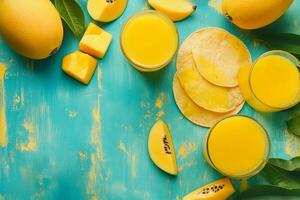 Top View Of Mango And Black Bean Tacos On Vibrant Background With Copy Space, Cuisine Photography photo