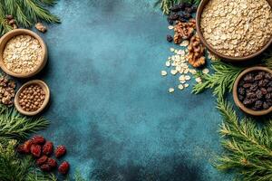 Top View Of Oatmeal With Brown Sugar And Raisins On Vibrant Background With Copy Space, Cuisine Photography photo