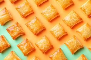 Top View Of Mini Sausage Roll On Vibrant Background With Copy Space, Cuisine Photography photo