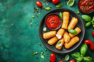 Top View Of Mozzarella Sticks With Marinara On Vibrant Background With Copy Space, Cuisine Photography photo