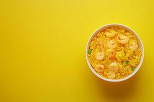 Top View Of Pad Thai With Shrimp On Vibrant Background With Copy Space, Cuisine Photography photo