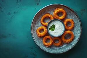 Top View Of Onion Rings With Ranch Dip On Vibrant Background With Copy Space, Cuisine Photography photo
