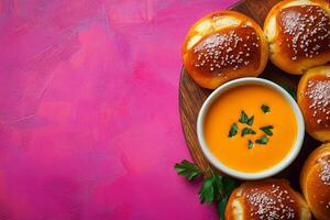 Top View Of Pretzel Bites With Cheese Dip On Vibrant Background With Copy Space, Cuisine Photography photo