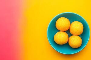 Top View Of Saffron Infused Arancini On Vibrant Background With Copy Space, Cuisine Photography photo