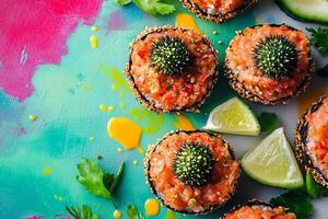 Top View Of Sea Urchin Toast On Vibrant Background With Copy Space, Cuisine Photography photo