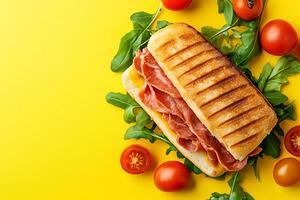 Top View Of Roast Beef Panini On Vibrant Background With Copy Space, Cuisine Photography photo