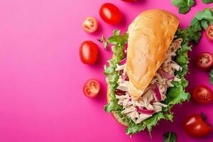 Top View Of Small Chicken Salad Sandwich On Vibrant Background With Copy Space, Cuisine Photography photo