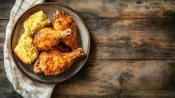 Top View Southern Fried Chicken With Cornbread, Food Photography photo