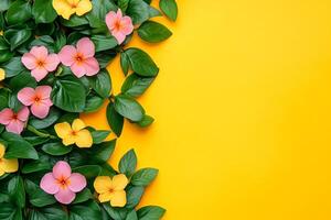 Top view Vinca on a vibrant background, flower setting photo