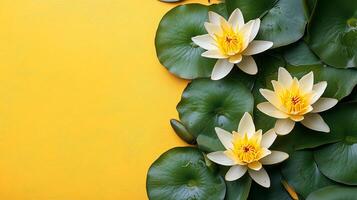 Yellow Water Lily on a vibrant background, photorealistic top view Yellow Water Lily plant photo