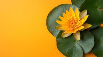 Yellow Water Lily on a vibrant background, top view photorealistic flower photo