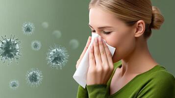 A woman blowing her nose with a tissue photo