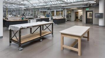 A large room with tables and benches in it photo