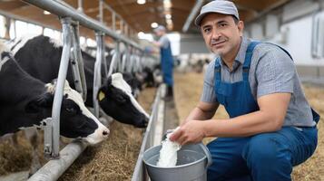 A man in overalls is feeding cows milk photo