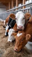 A group of cows in a barn eating hay photo