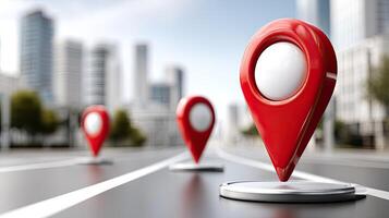A row of red pin markers on a road photo