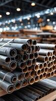 Steel pipes stacked in a warehouse photo