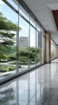 un largo pasillo con grande ventanas y un grande vaso pared foto