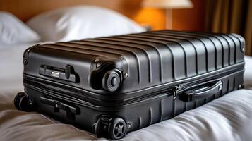A black suitcase sitting on a bed photo