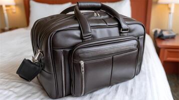A brown leather briefcase sitting on a bed photo