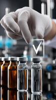 A person in a lab coat holding a vial with a check mark photo
