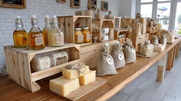 A wooden counter with soap, soap bars, and other items photo