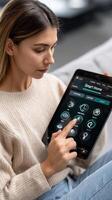 A woman using a tablet with smart home features photo