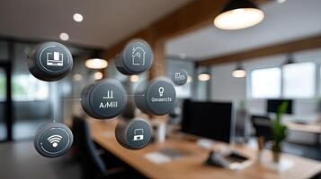 A modern office with a variety of buttons and icons photo
