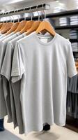 A group of shirts hanging on a rack in a store photo