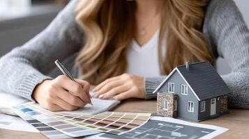 A woman is writing on a paper with a house model in front of her photo