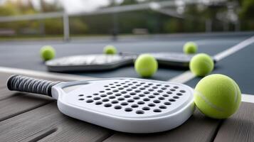 Tennis racket and balls on a wooden court photo