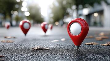 A red pin on the ground with many other red pins photo