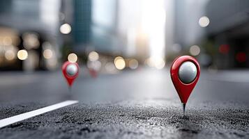 A red pin on the ground in front of a city photo