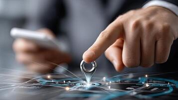 A man in a suit is touching a ring on a table with a futuristic design photo
