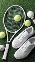 Tennis racket, tennis balls and tennis racket on grass photo