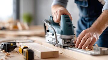 A man is using a power tool to cut wood photo