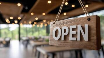 Open sign hanging on wooden table in restaurant photo