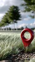 A red pin is sitting in the grass near a road photo