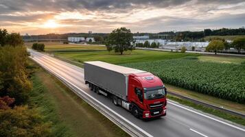A red truck driving down a road at sunset photo