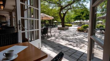 A patio with tables and chairs and an open door photo