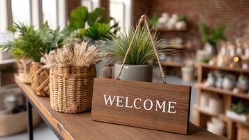 Welcome sign on wooden table in a home store photo