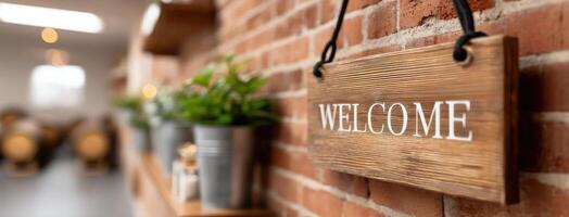 A welcome sign on a brick wall photo