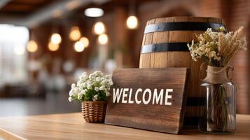 Welcome sign on wooden table with flowers and vase photo