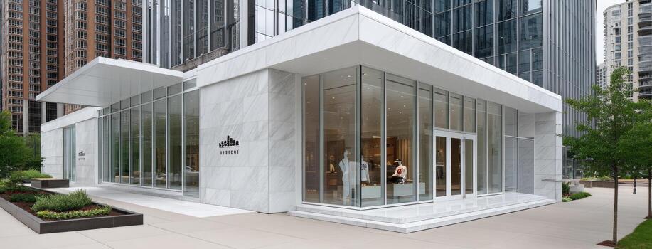 A modern building with glass walls and a sidewalk photo